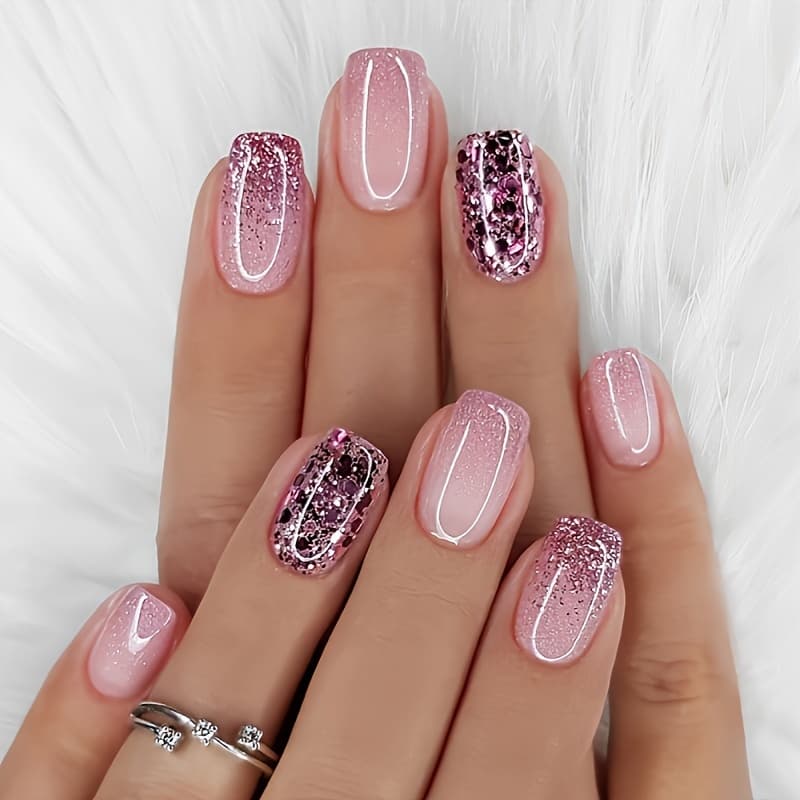 TEMU Of 24pcs Of Nail Stickers, Short Square Glitter Gradient, Pink, , Removable Artificial Nails, For Nail Trimming, Beauty Personal Care, Foot And Hand Nail Care, Nail Art Accessories