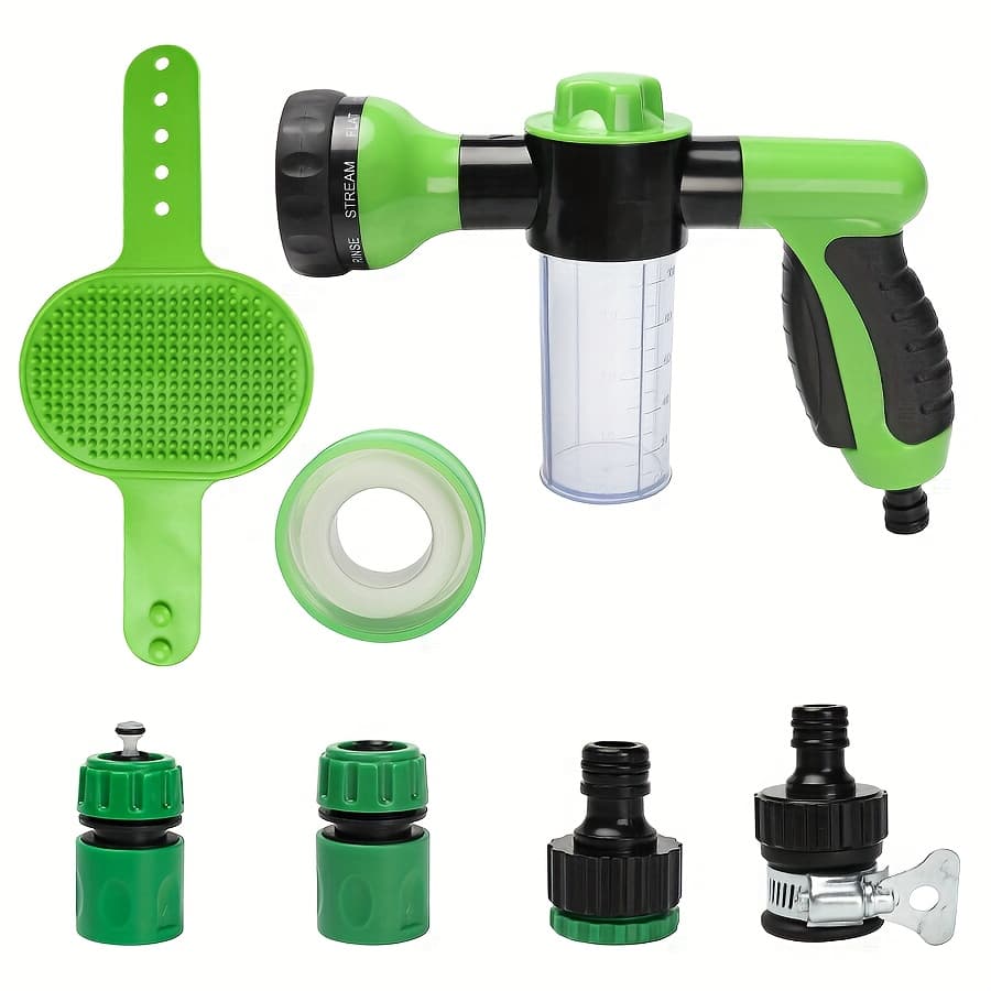 TEMU 1pc Foam Spray, Spray Mode Garden Hose Nozzle With Pet Shower Brush And 100ml Soap Dispenser Bottle, Suitable For Lawn, Car Wash, Yard, Pet Bath And Flower Watering (green)