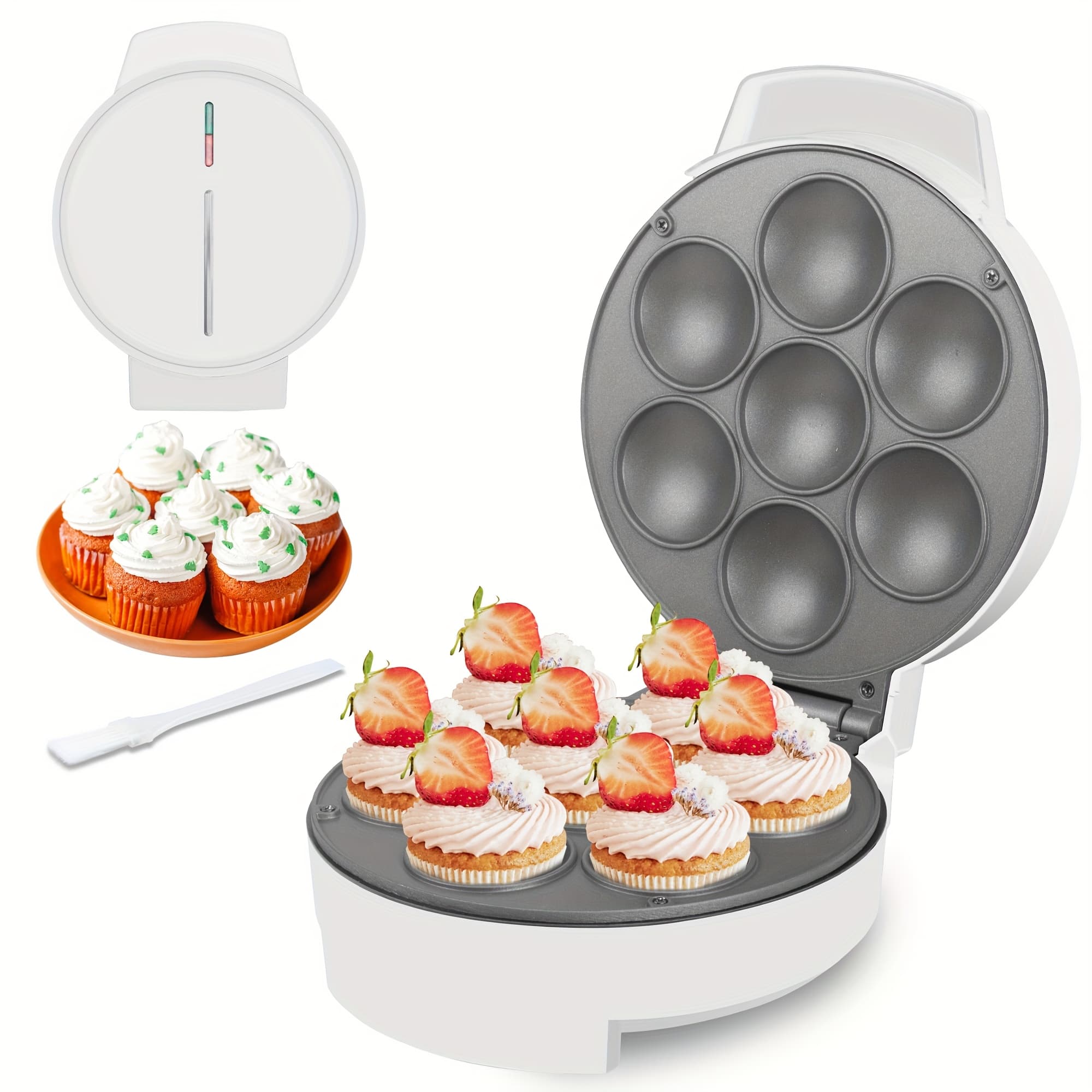 TEMU Mini Cupcake Maker Machine, Surface, Protection, Space-saving Design, Handle & 7 Cupcakes In Minutes, Suitable For Breakfast, Easy To Clean & Store, White