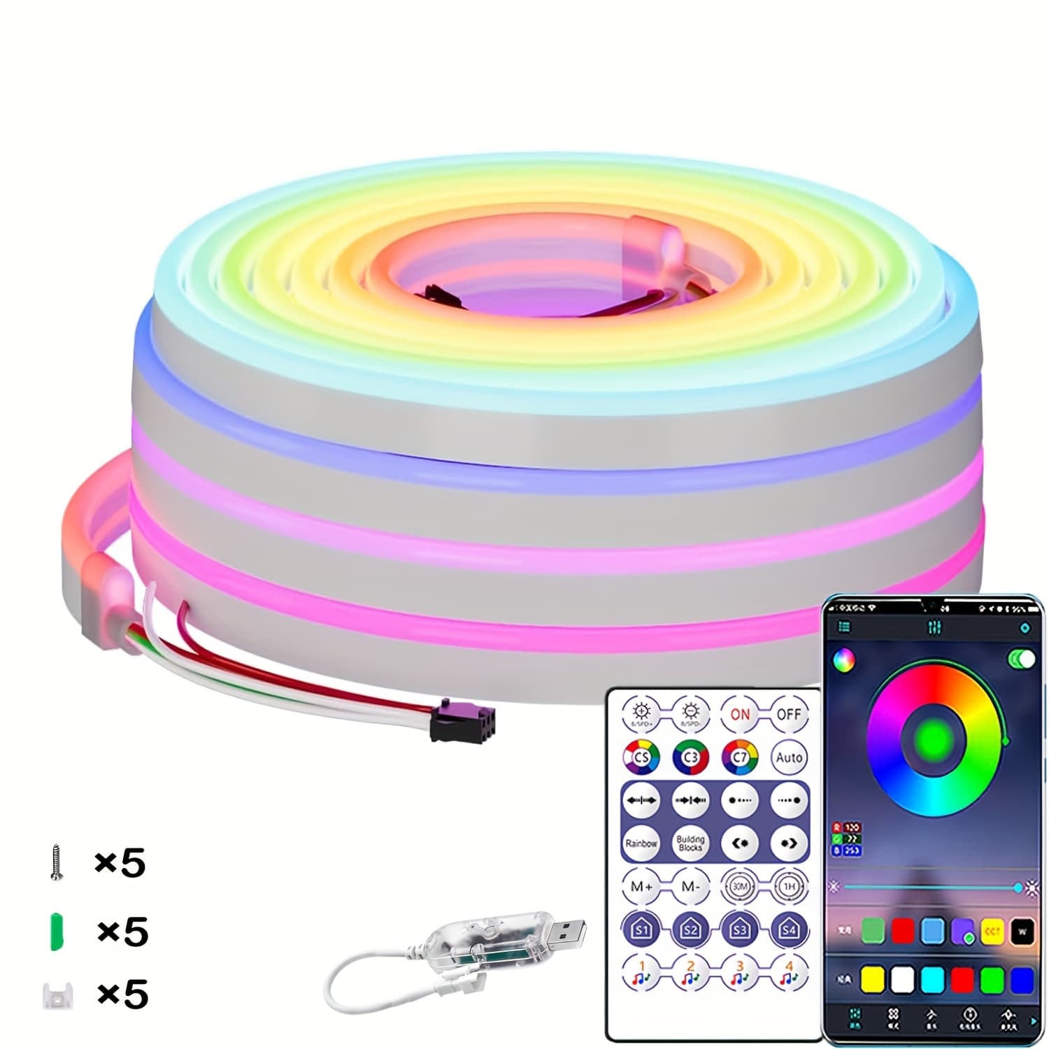 TEMU Rgb+ic Color Led Neon Rope Lights, Usb Addressable, Waterproof, Flexible For Diy Wall And Gaming Decor, Cuttable Neon Strip (1/2/3/5m), Neon Sign, Indoor Decor, Lfon