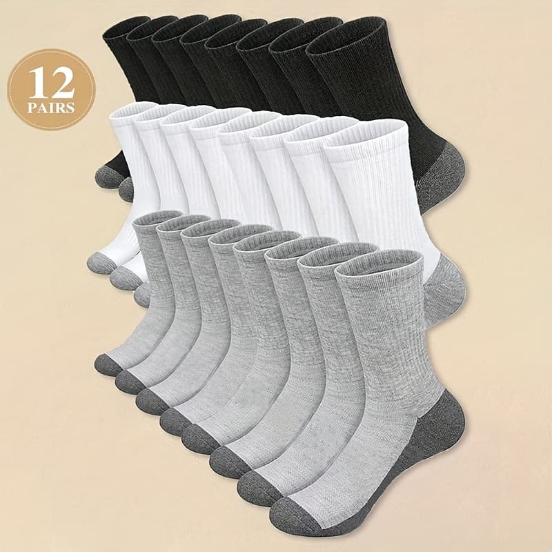 TEMU 12 Pairs Unisex Color-block Mid-calf Socks, Breathable, Warm, Long, Casual, Athletic, Socks, Black, White, Grey, Soft & Comfortable, Suitable For All , Daily Wear, Fitness, Commuting, 36-42 Sizes