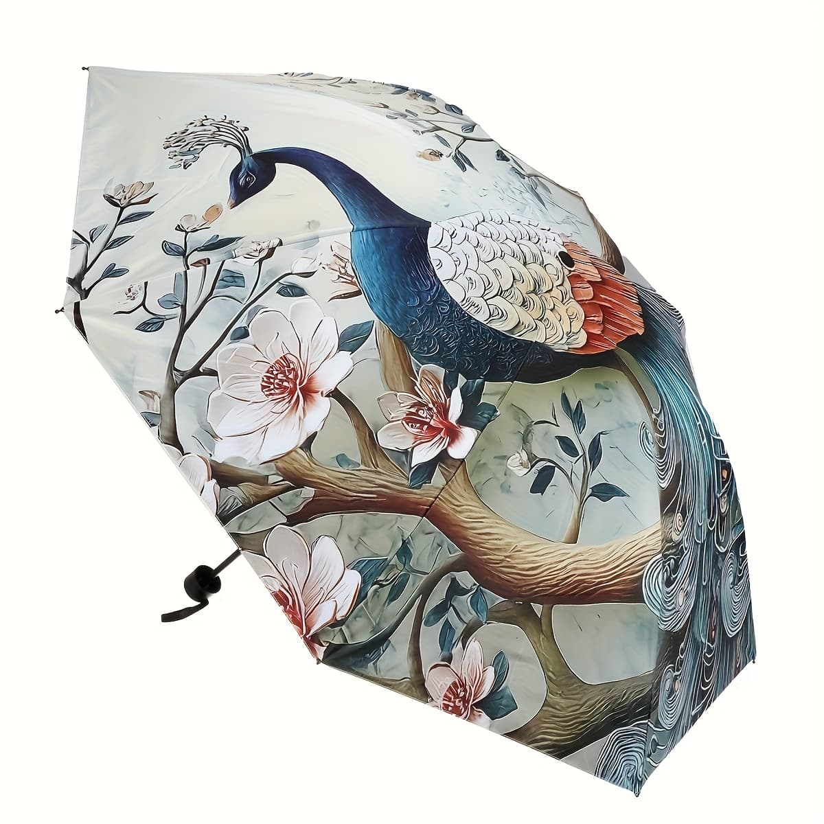 TEMU Portable 3-fold Peacock & Floral Umbrella - 8-rib Compact Outdoor/travel Umbrella With Manual Open/close, Cute Collapsible For &, Elegant Peacock Patterns (daily Use) -