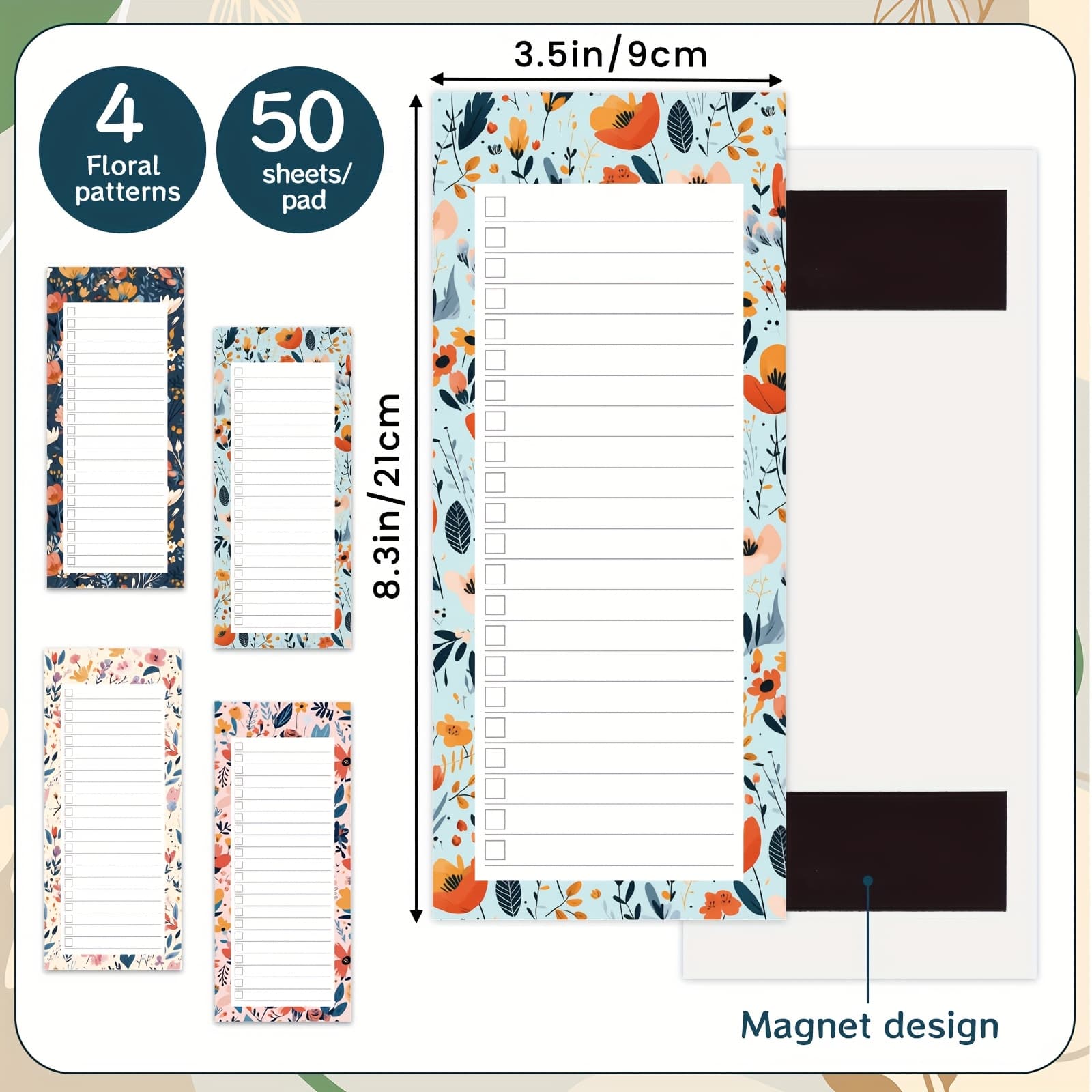 TEMU Magnetic Floral Self-stick Notepads (4 Pack, 50 Sheets) - Oblong Whiteboard And Refrigerator Memo Pad For Shopping , To-do's, Reminders, Task Management, And Goal Writing Pads, Father's Day