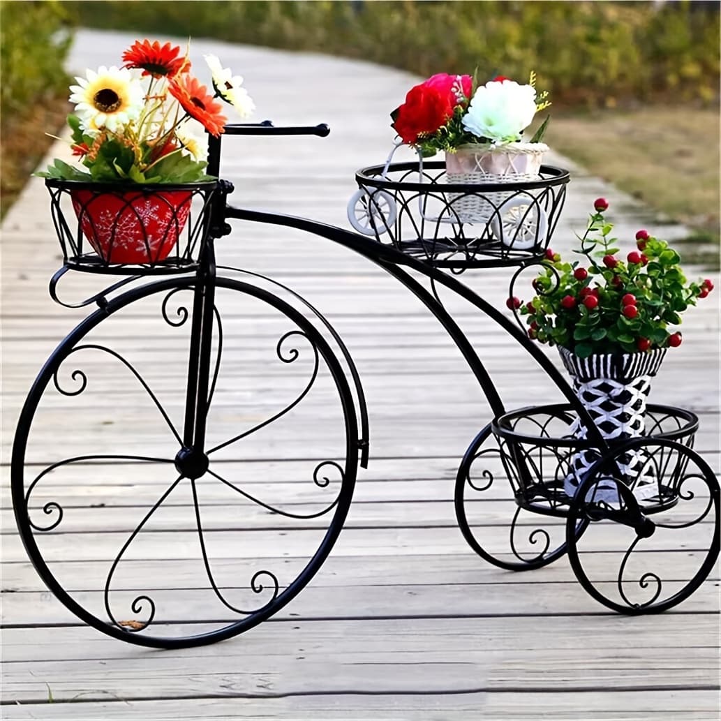 TEMU Metal Bicycle Planter 3 Tier Tricycle Flower Plant Stand Parisian Style Flower Display Stand Cart For Home Decor Patio Garden Flower Shop Indoor Outdoor