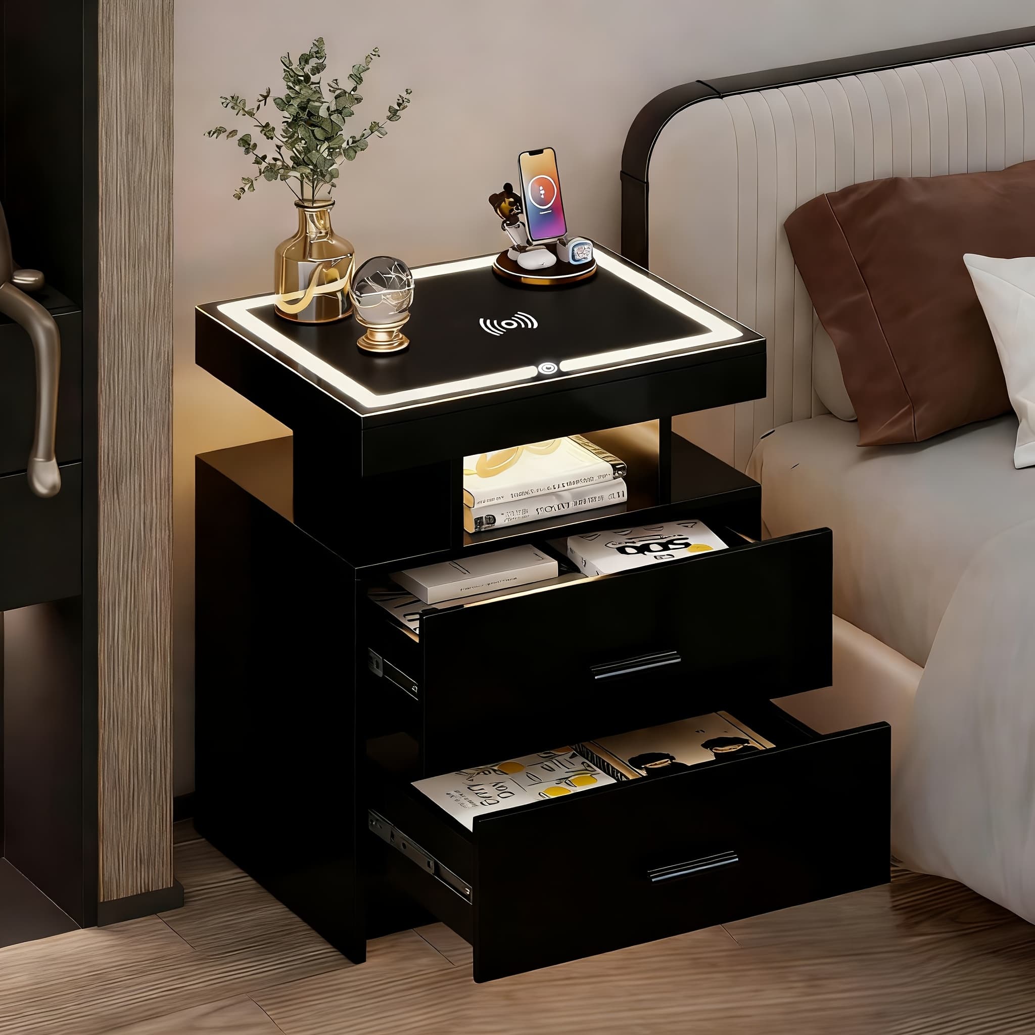 TEMU Wireless Charging Nightstand For Bedroom And Home Office, Modern Nightstand With 2 Drawers, Bedside Table And Sofa Side Table, Space-saving, Stylish Design, Durable Construction, Home Decor