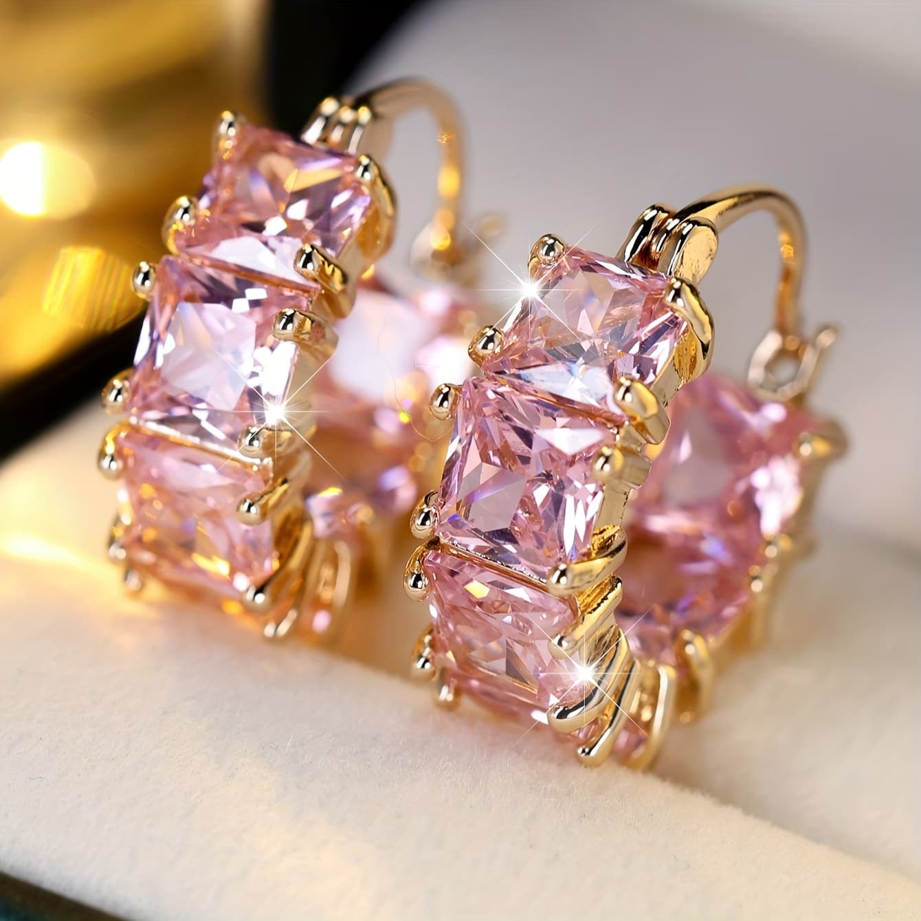 TEMU Elegant Pink Cubic Zirconia Hoop Earrings For Women - Luxurious , Perfect For Christmas & Valentine's Day Gifts, Wear