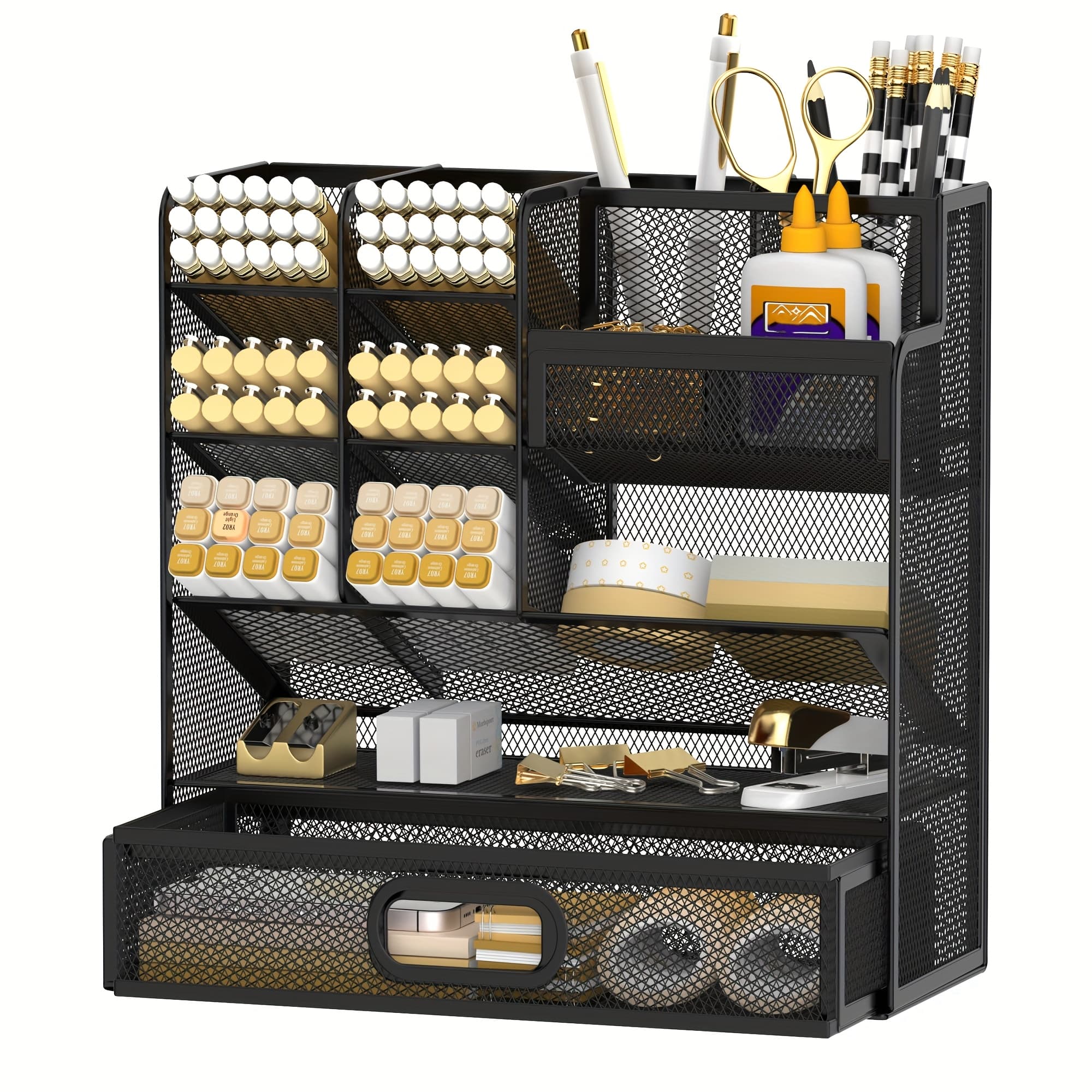 TEMU Daltack Desk Organizer With Drawer, Multifunctional Mesh Desk Pen Organizer, Desk Organizer With Pen Holder And Accessories For Office And Art Supplies