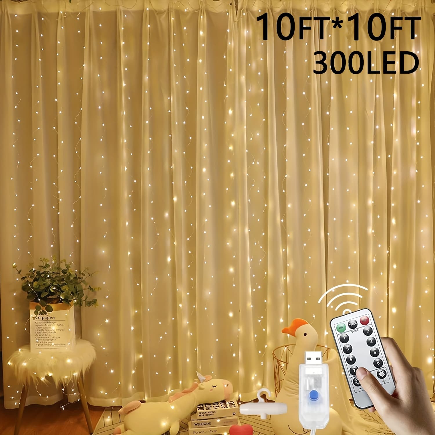 TEMU Cozy Christmas Curtain Lights For Bedroom & Yard, 300 Led Dimmable Fairy Lights With Remote & Timer, Warm White Magic For Xmas Indoor Outdoor Window Decor