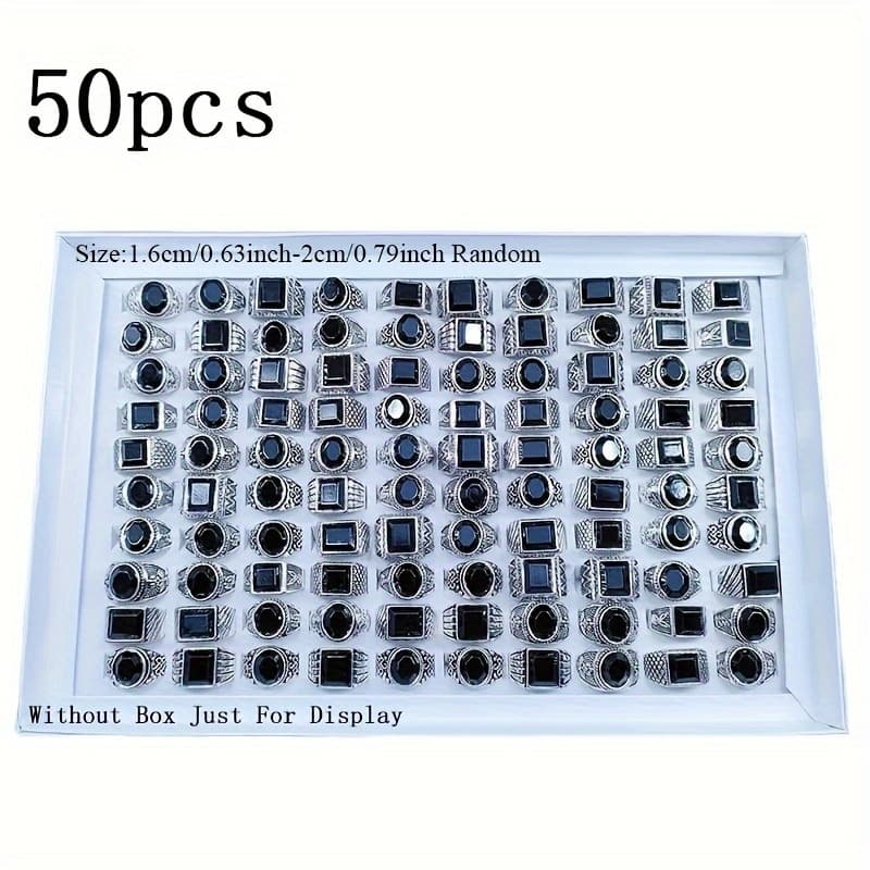 TEMU 50pcs Unisex Chunky Band Ring, Style Random Vintage Men Rings With Artificial Synthetic Gems Inlay - Durable Material, Wear