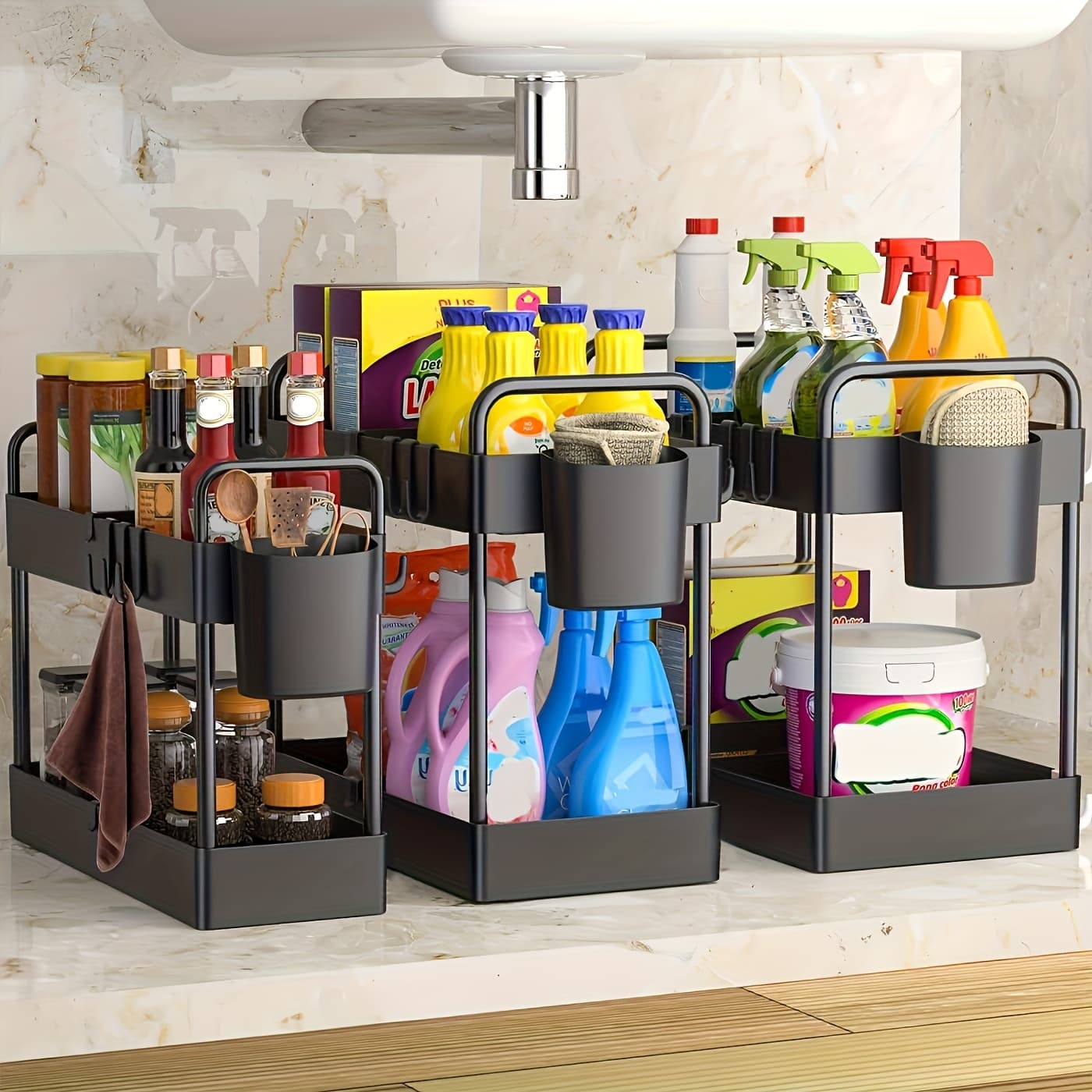 TEMU 3 Sets Of Sink Under-storage Organizers, 2-tier Kitchen And Bathroom Storage Organizers, And A Storage Cabinet With Sliding Drawers, Bathroom Cabinet Organizer (black)