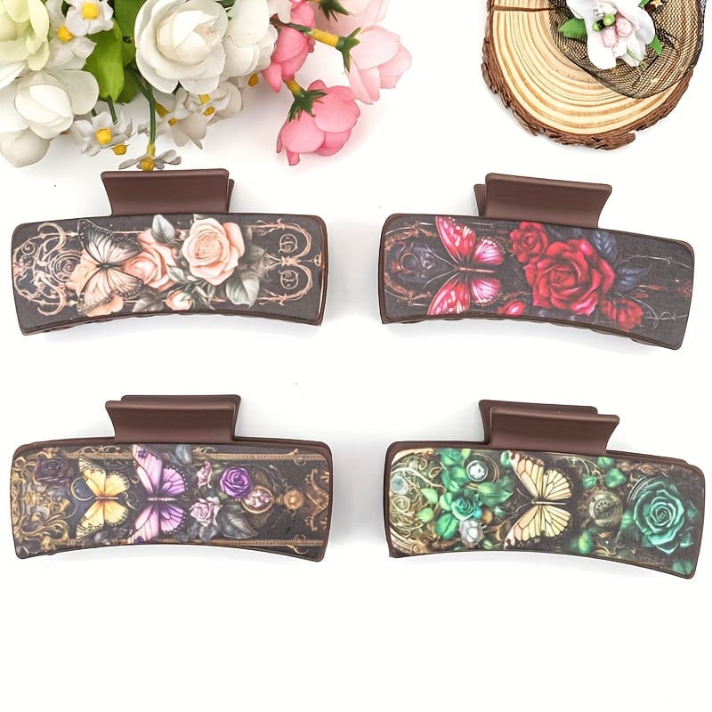 TEMU 4pcs Retro Floral Pattern Printed Hair Claw Clip Faux Leather Women Hair Additions Gift
