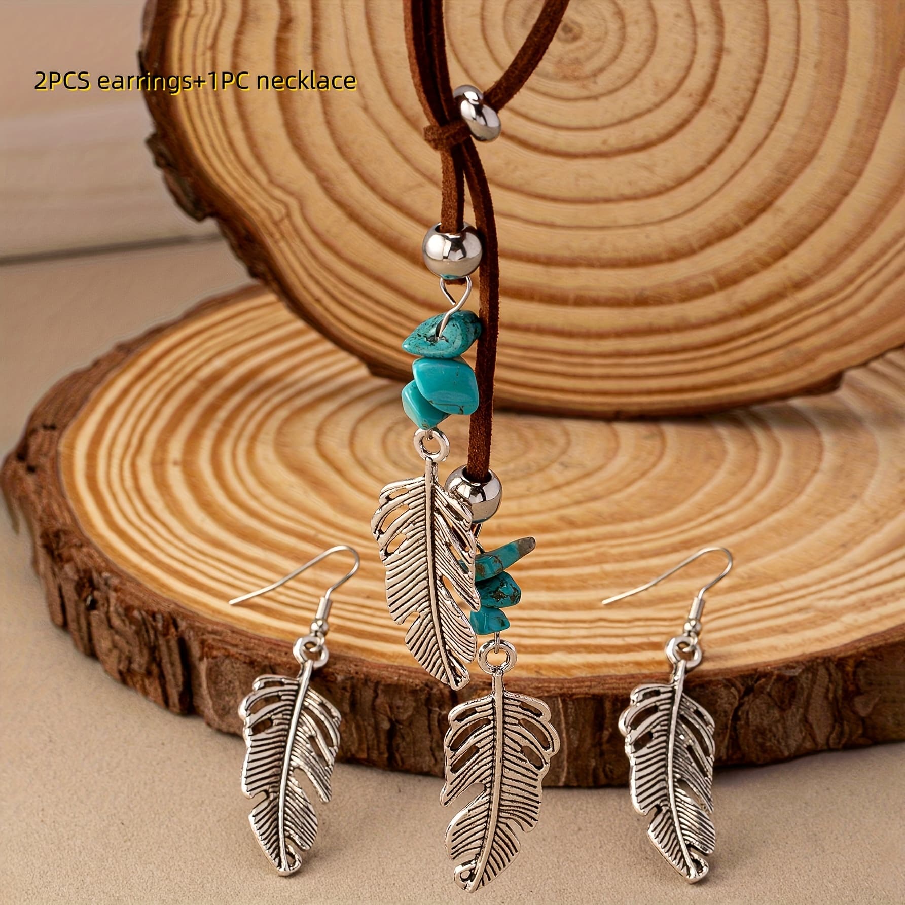 TEMU A Necklace And A Pair Of Earrings Featuring A Style With Metallic Feathers And Turquoise, Perfect For Vacation Parties And Everyday Wear