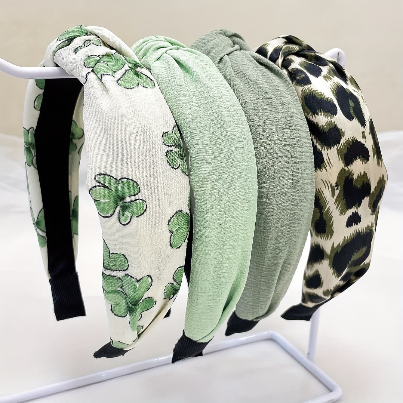 TEMU Set Of 4 Women's Leopard Print Flower Solid Color Fabric Wide Headband Sweet Wash Headband Hair Additions Suitable For Daily Use