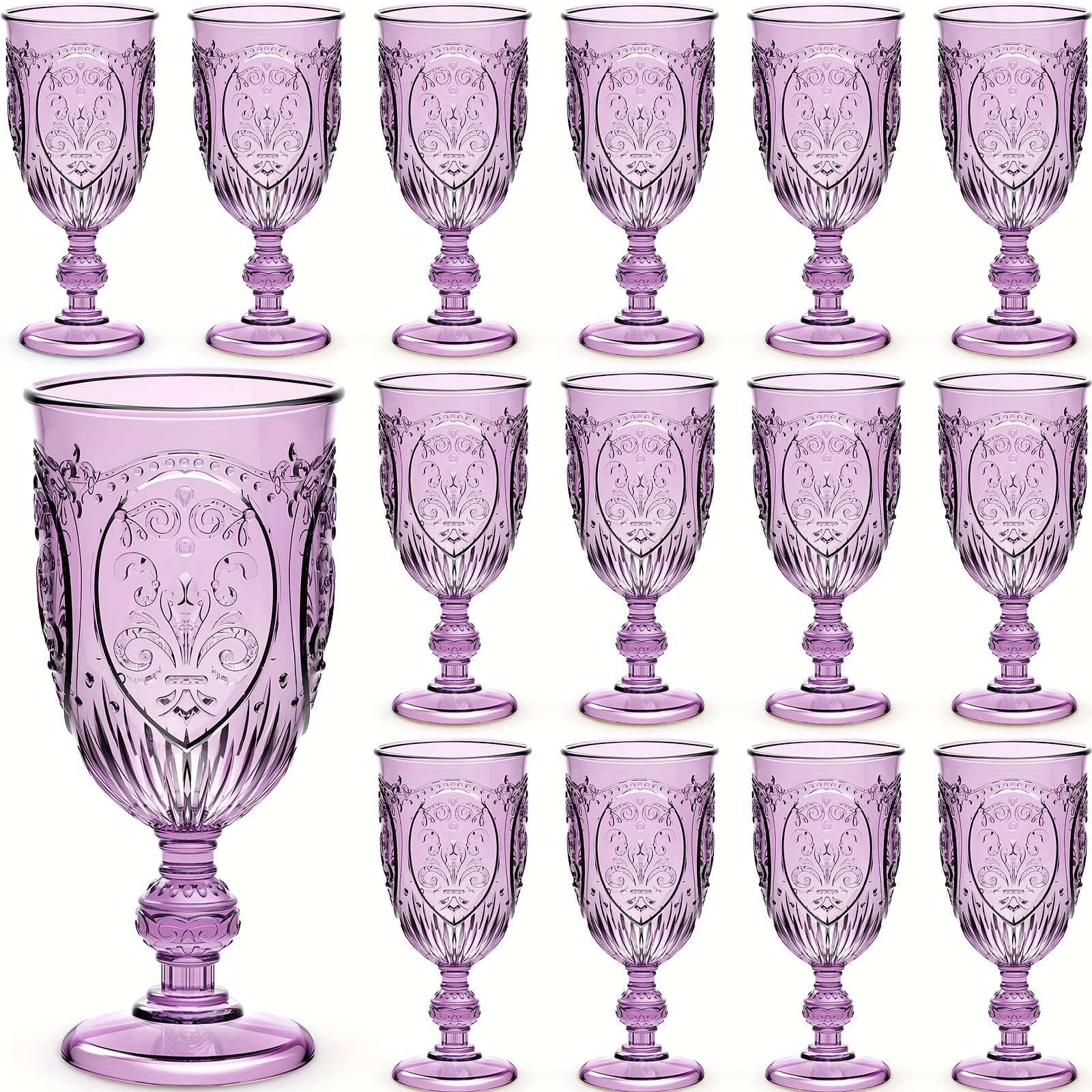 TEMU Wedding Party Packs, 24pcs Plastic Goblets 7.5oz Vintage Goblet Plastic Wine Glasses Colored Retro Embossed Water Goblets For Wine Shower Wedding Reception Grand Event Party