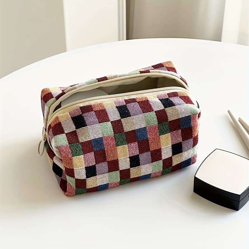 TEMU Coarse Woven Colorful Makeup Bag, Essential For Women's Travel, Skincare Organizer Pouch, Cosmetic Storage Bag, Sanitary Pad Holder, Nail Polish Case, Zippered Makeup Purse
