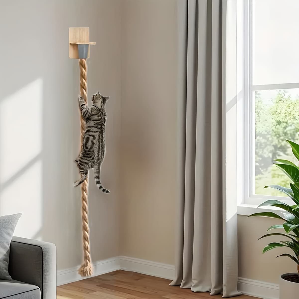 TEMU 1pc Wall Mounted Cat Climbing Rope Jumping Platform, Natural Hemp Rope Cat Toy, For Living Room, Bedroom, Cat Room, Cats' Claw Grinding, Climbing And Resting Needs