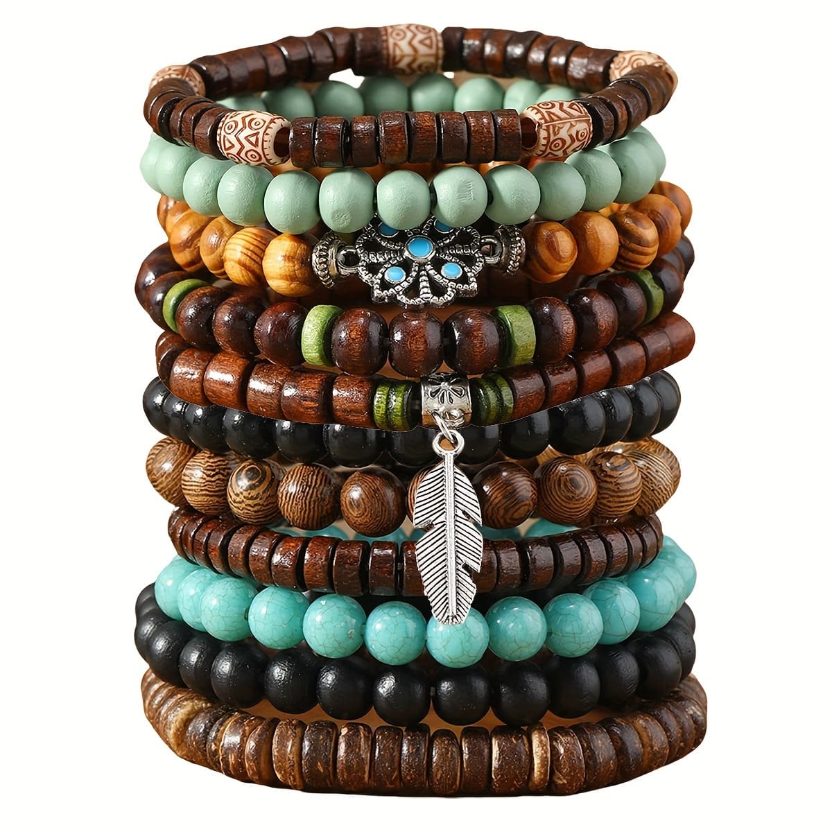 TEMU 11pcs Bohemian Style Fashion Malachite Wood Bead Small Flower Leaf Couple Bangle Bangle Bracelet Christmas Gift Halloween Gift New Year Gift