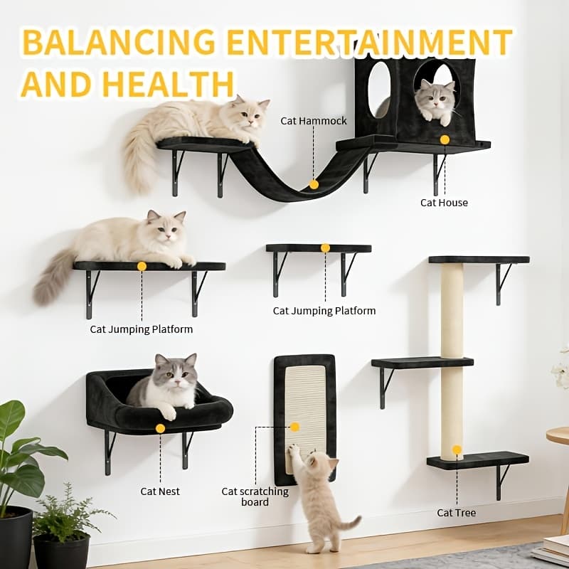 TEMU Rpz 6pcs Wall Mounted Cat Furniture Set - Cat Shelves, Cat Condo, Scratching Board, Cat Tunnel, Floating Cat Perch Tree For Indoor Cats, Modern Cat Wall Shelf For Small Medium Large Cats