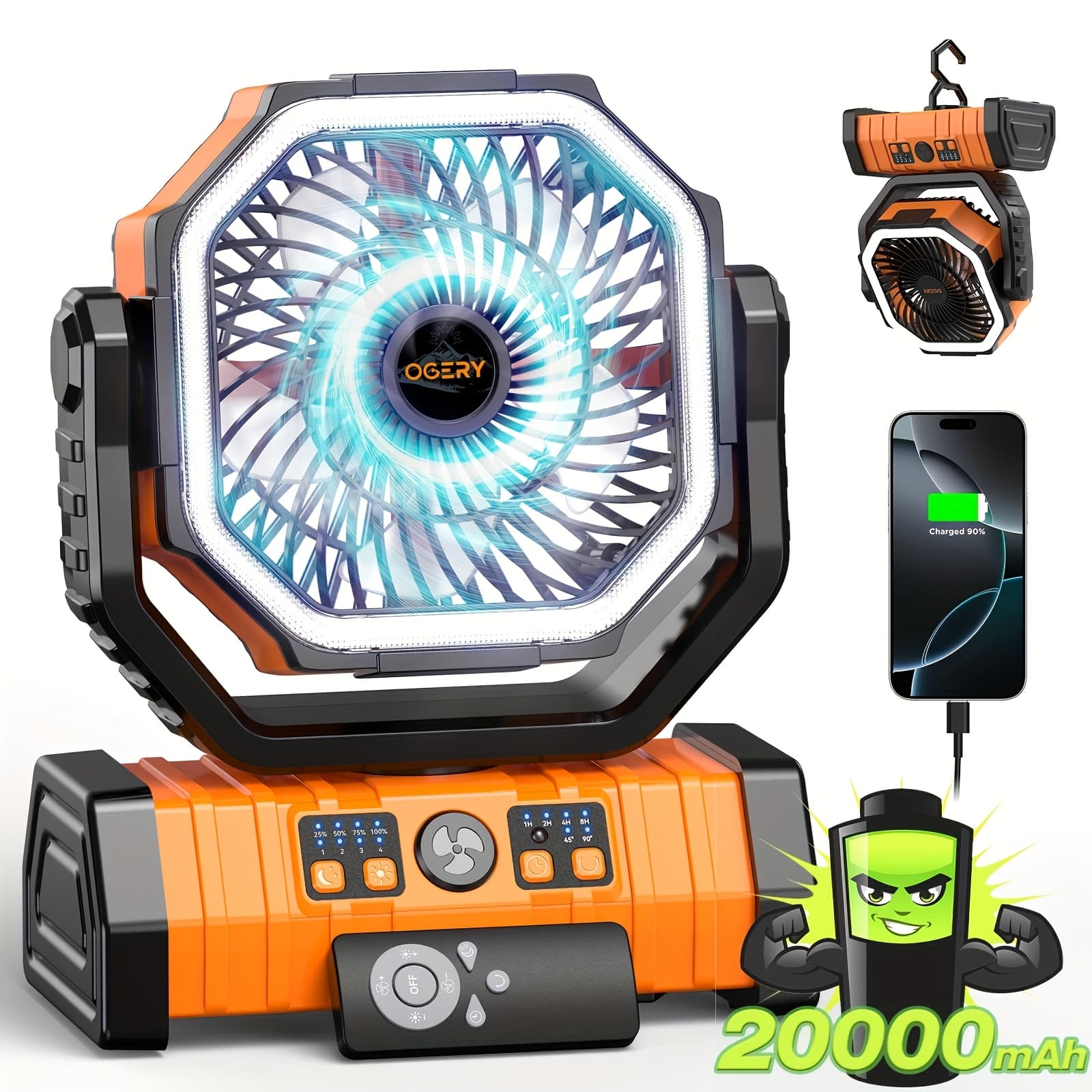 TEMU 20000mah Portable Camping Fan With Remote & Suitable For Tent, Travel, Car, Outdoor - Rechargeable Oscillating Ceiling/ Fan, 4-speed , For Bedroom, Rv, Emergency Cooling