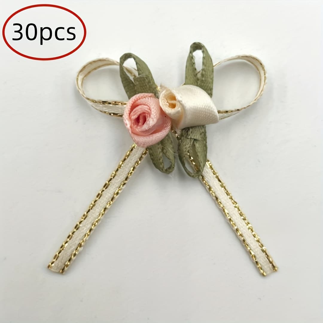 TEMU 30pcs Elegant Rose Bows With Floral Accents - Polyester, Mixed Colors For Diy Crafts & Gift Wrapping - Weddings, Holidays, Birthdays & Home Decor, Bouquet Accessories