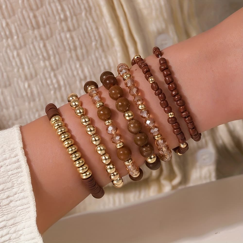 TEMU A 7pcs Ethnic Style Acrylic Ccb Bead Elastic Bracelet Set Suitable For Men And Women, Wear, Parties, Dances, And As Gifts