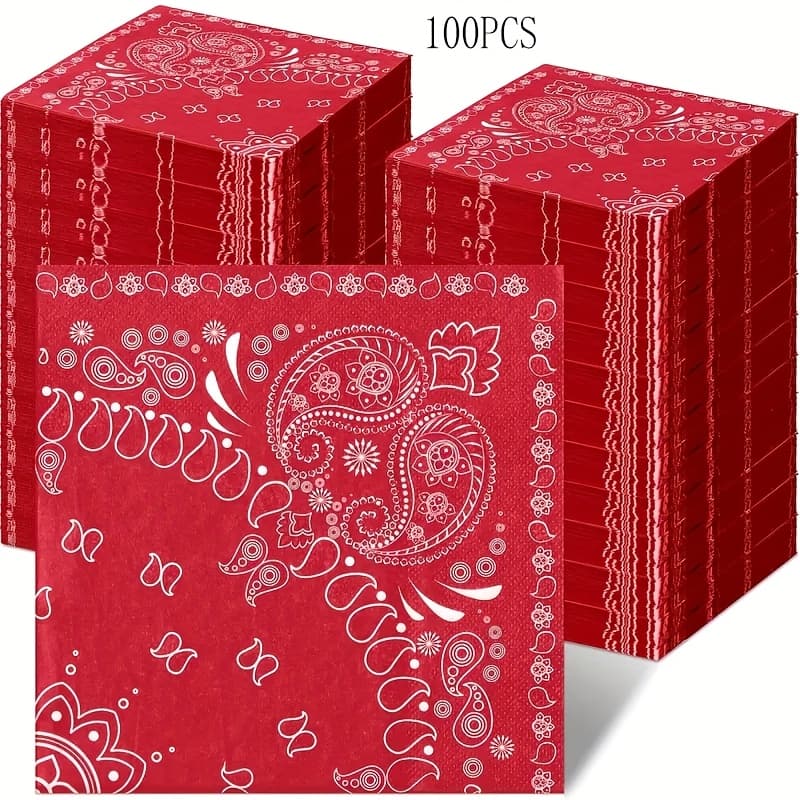 TEMU 20pcs/40pcs/60pcs/100pcs, Bandana Disposable Paper Napkin Paisley Print Western Party Bandana Cowboy Theme Western Party Supplies Dinner Lunch Party Napkin For Birthday, 6.5" X 6.5"(red)