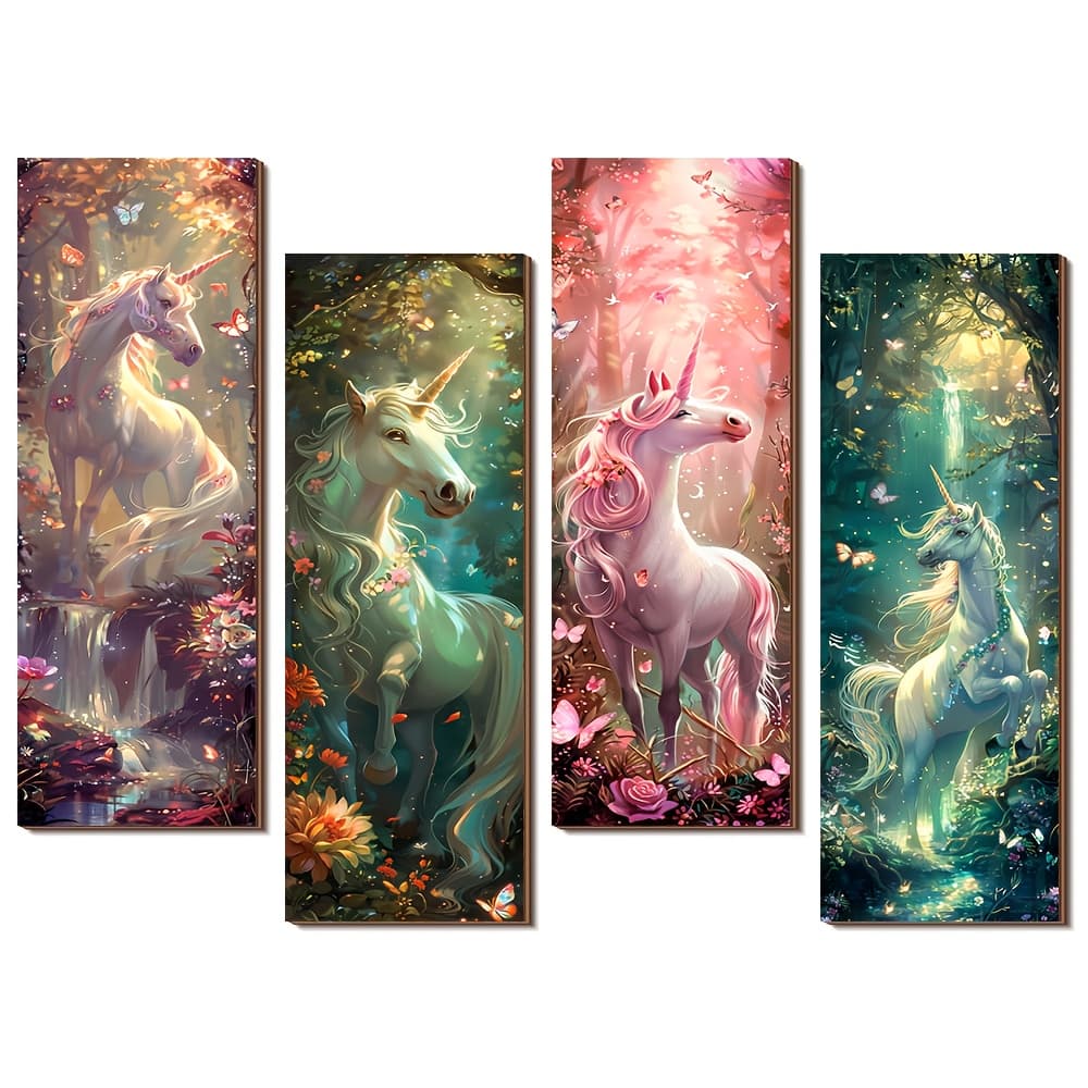 TEMU 4pcs Woods Unicorn Wall Art Set, Art Wooden Hanging Decor, Floral & , For Bedroom, Bathroom, Office, Hallway, Home Decor, Ideal For Women