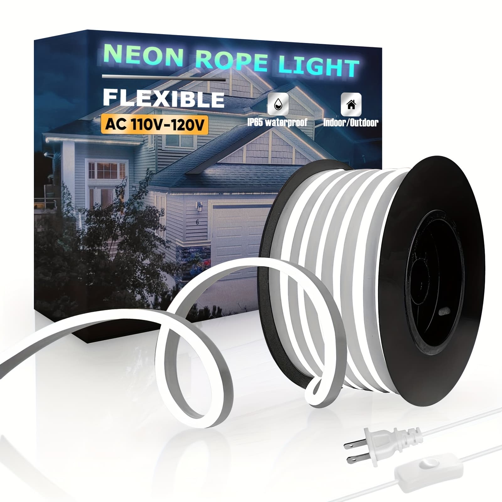 TEMU Ac110-120v Neon Rope Light - 120 Leds/m High-density Commercial Neon Strip Light, White & Warm White For For Indoor Outdoor Home Decor/commercial Building Use