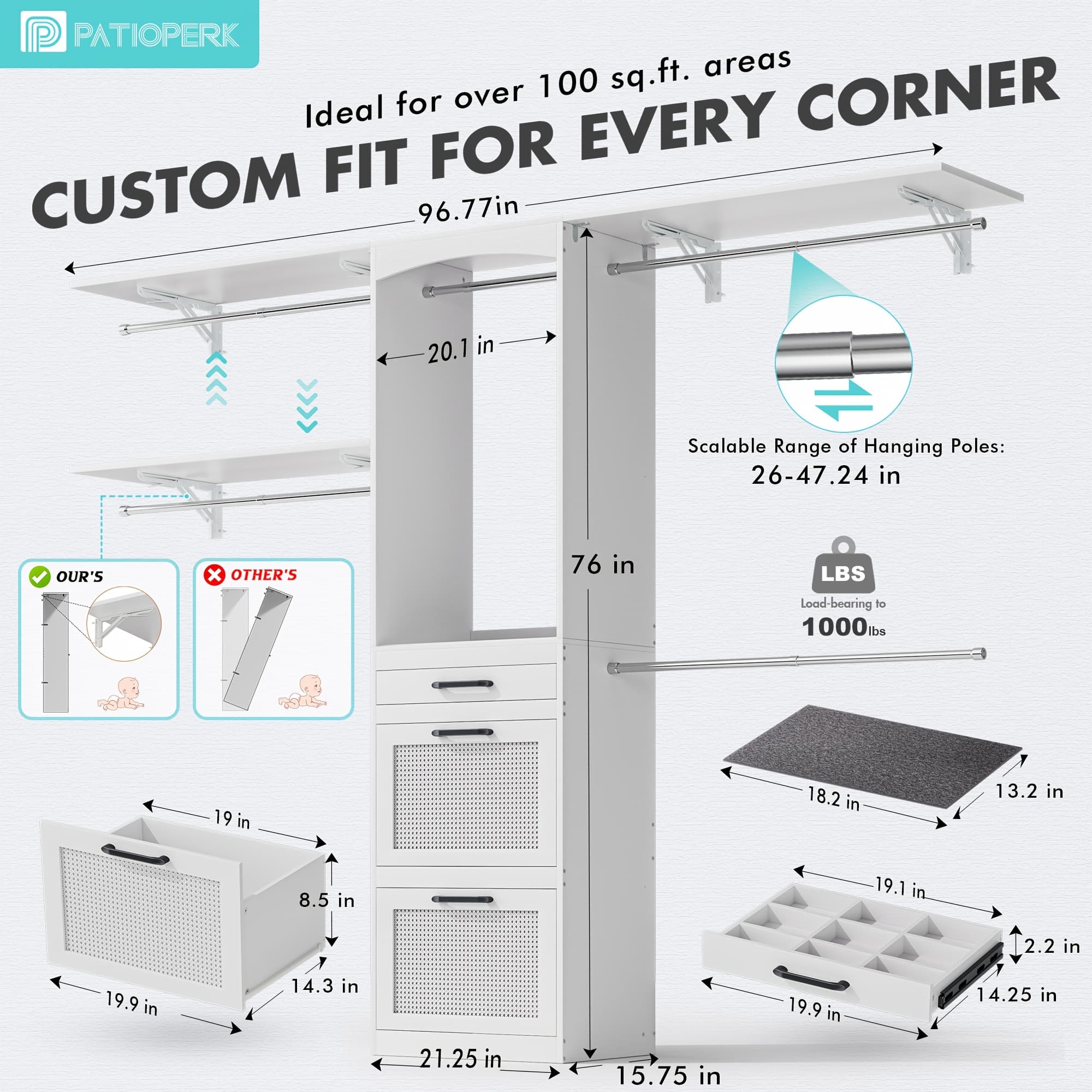TEMU With 3 Drawers, 4 Hanging Rods & Corner Tower, Corner With Hanging, 96.77" L-shaped Walk-in Wardrobe Organizer, 1000+ Lbs Capacity, White.
