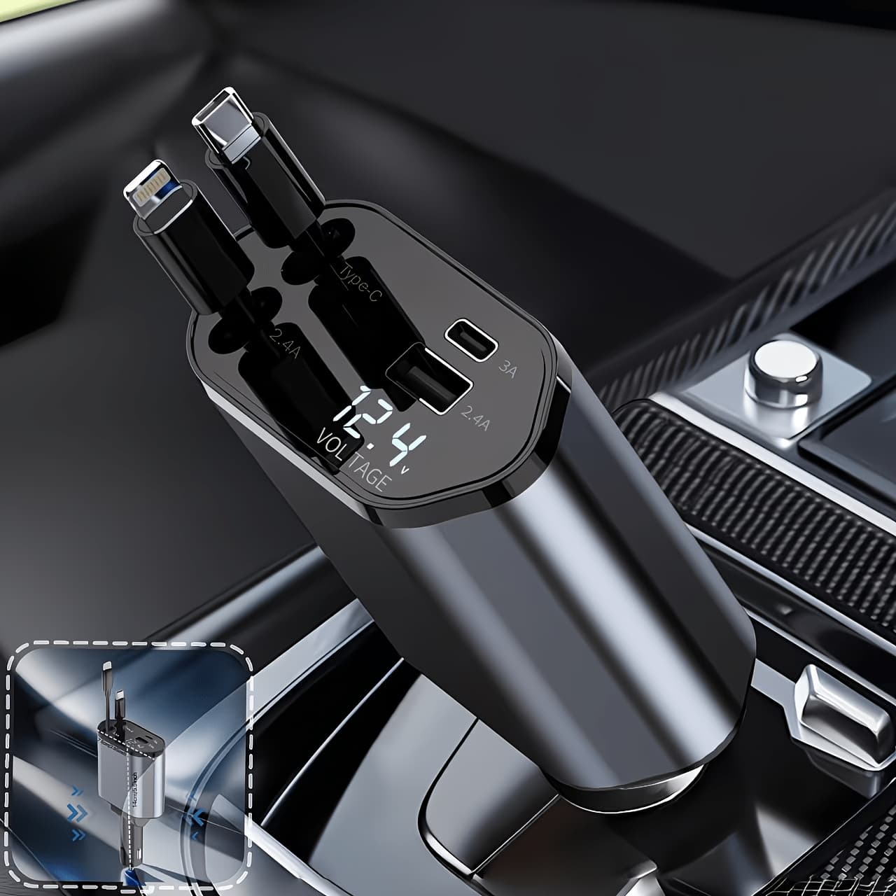 TEMU Super Fast Car Charger - Lightning + Type-c Dual 80cm/31 Inch Long Retractable Cable, 2 Usb Port Adapters, Voltage , Durable And - For - For Iphone 16/15/14/plus/pro Max, For S25/24 And Phone.