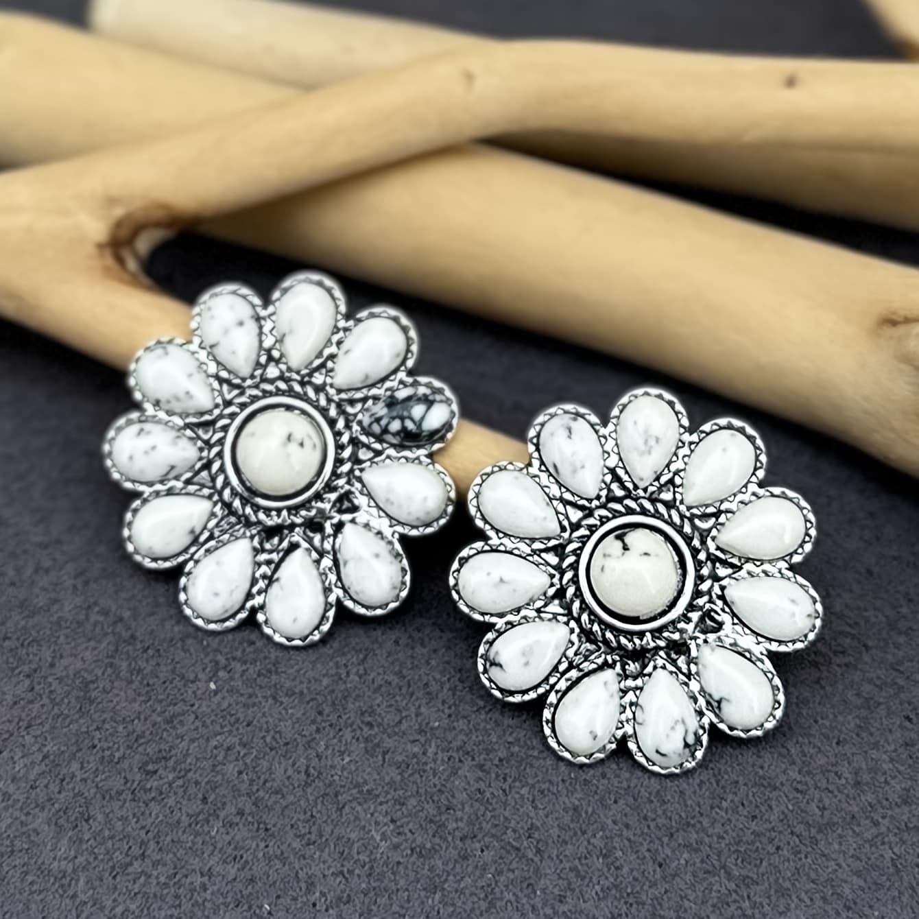 TEMU A Pair Of Vintage Bohemian Style Round Earrings With Synthetic Turquoise Inlaid Flower Shapes, In , Wear, Vacations, Or As Gifts