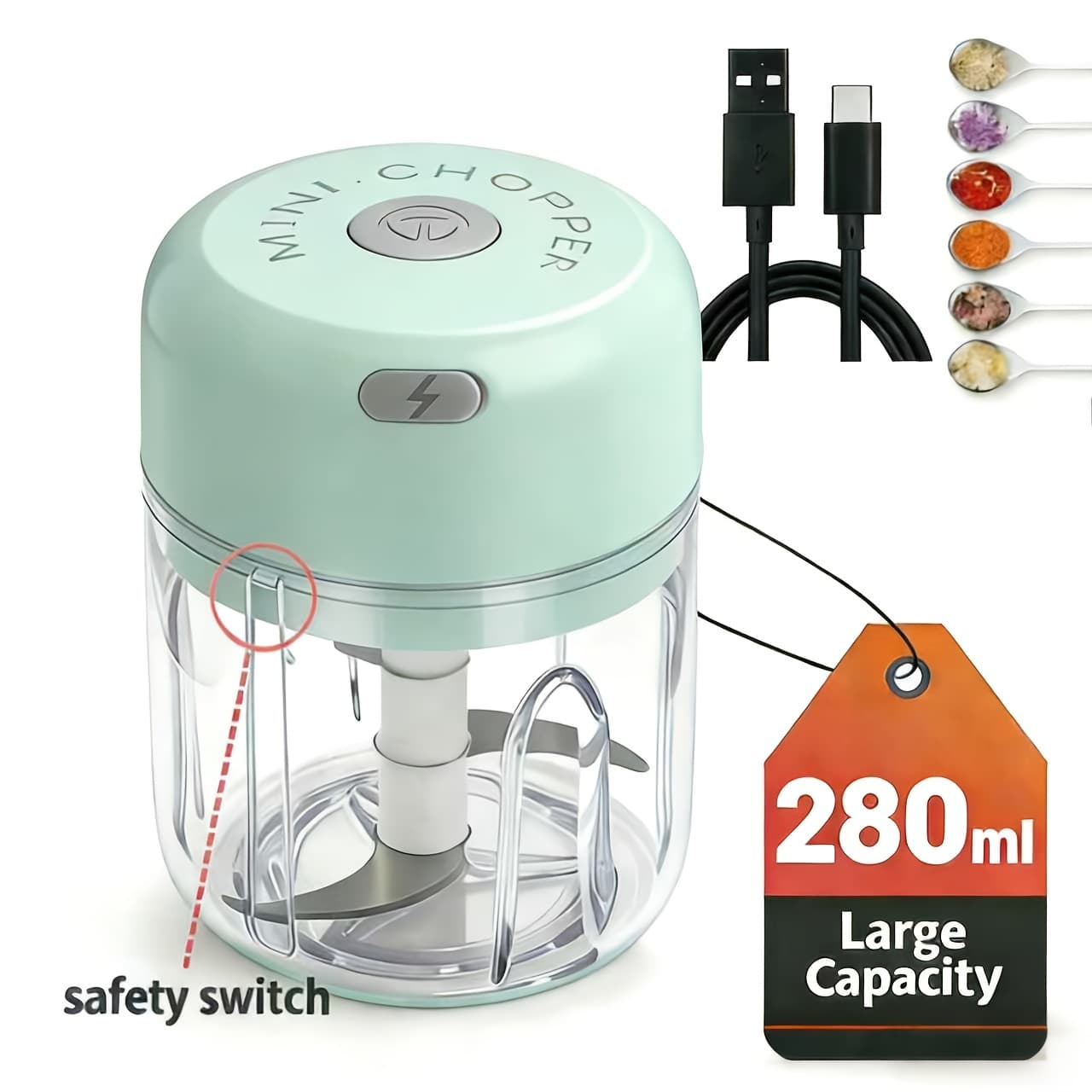 TEMU Rechargeable Mini Electric Garlic Grinder, 280ml Portable Food Processor With Detachable Bowl - Perfect For Spices, Vegetables & Meat, Ideal For Dorms, Apartments & Outdoor Picnics