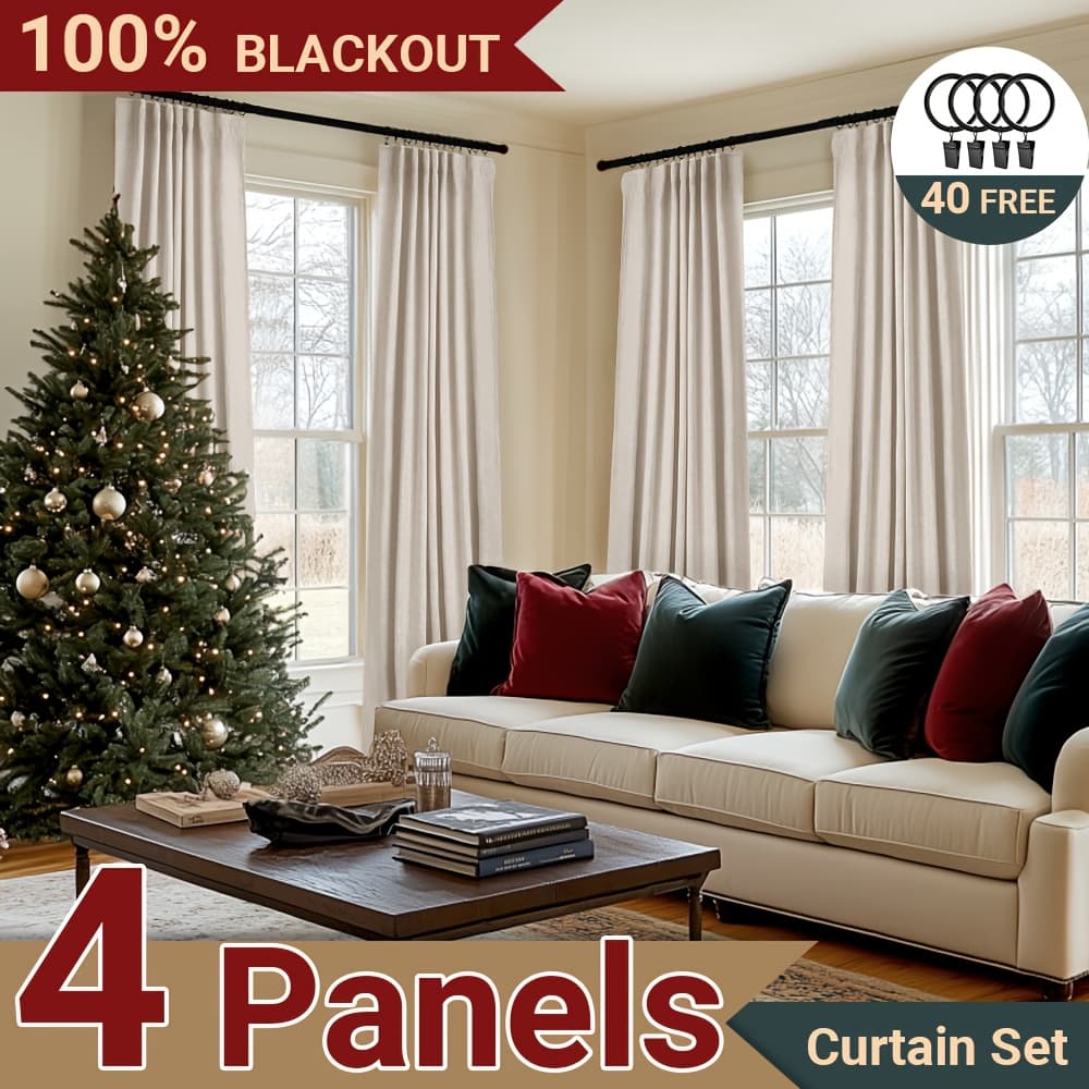 TEMU 4 Panels 100% Blackout Curtains For Living Room - Linen Textured Curtains 4 Panel Set- Complete Thermal Insulated Drapes For Bedroom With Clip Rings Or Rod Pocket Options For And Home Decor
