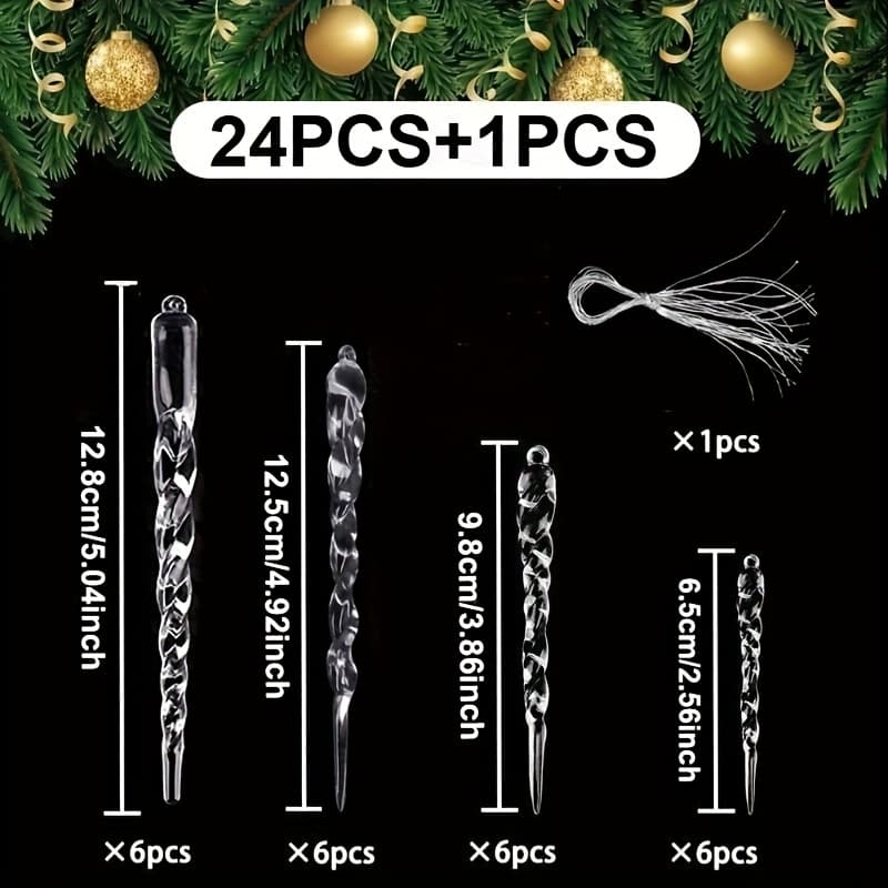 TEMU Set Of 24 Crystal Decorations For Christmas Trees In 4 Different Styles, Featuring Clear Acrylic Icicle Ornaments Perfect For , Weddings, And Winter Parties