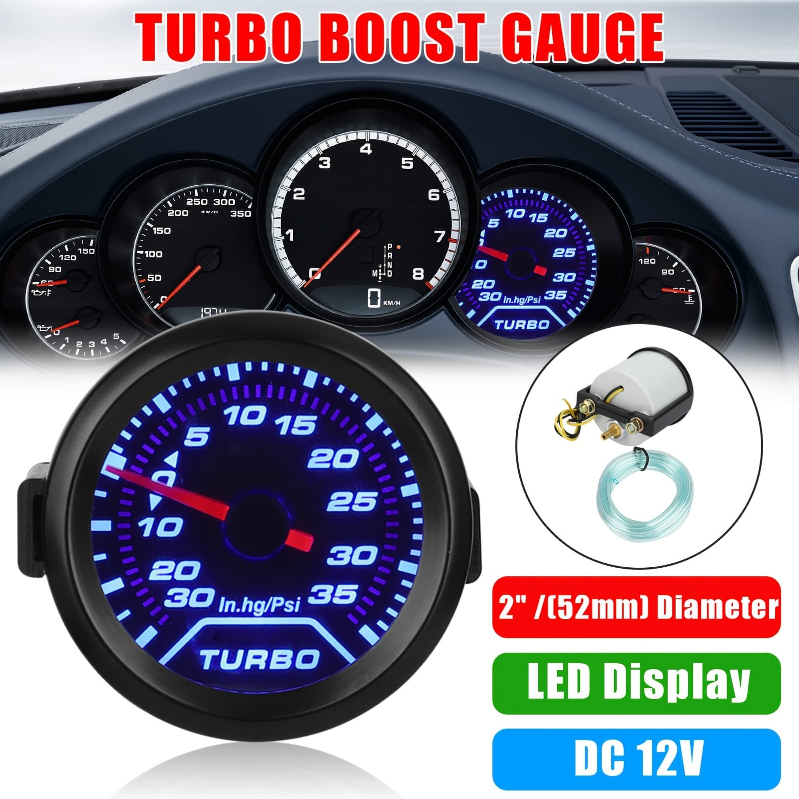 TEMU 1pc 2''52mm 0-35 Psi Pointer Gauge Pressure Turbo Meter Smoked Face Led For Car Meter With Sensor