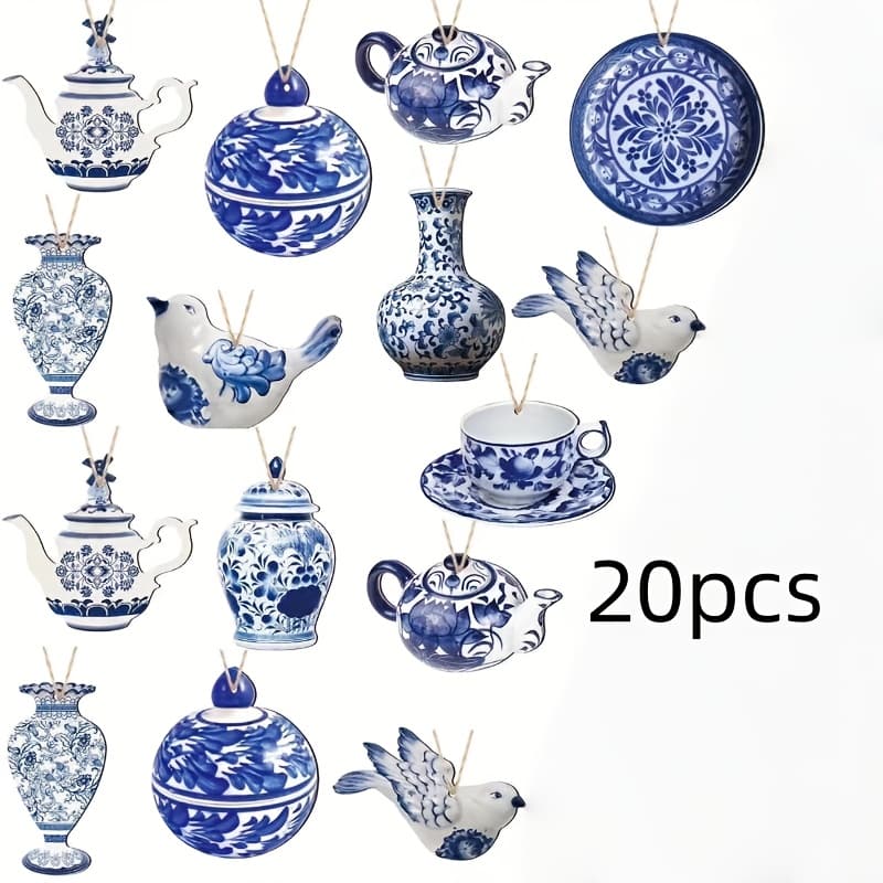 TEMU 20pcs/set Of Christmas Chinese Style Decorations, Blue And White Porcelain Wooden Ornaments, Hanging Chinese Teapot Ornaments