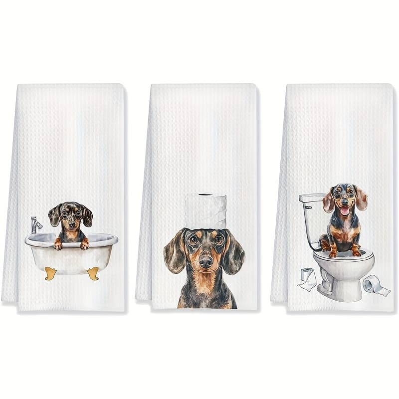 TEMU 3-pack Fun Dachshund Shaped Bathroom Decor Towels, Modern Cartoon Design, Soft Polyester Dish Towels, Suitable For Kitchen And Bathroom, Machine Washable