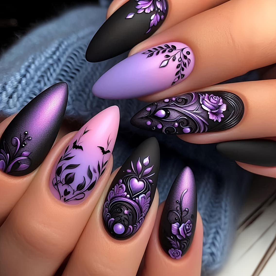 TEMU Dark Purple Tone Mysterious Rose Relief Nail Water Drop Nails 24pcs Removable Nails