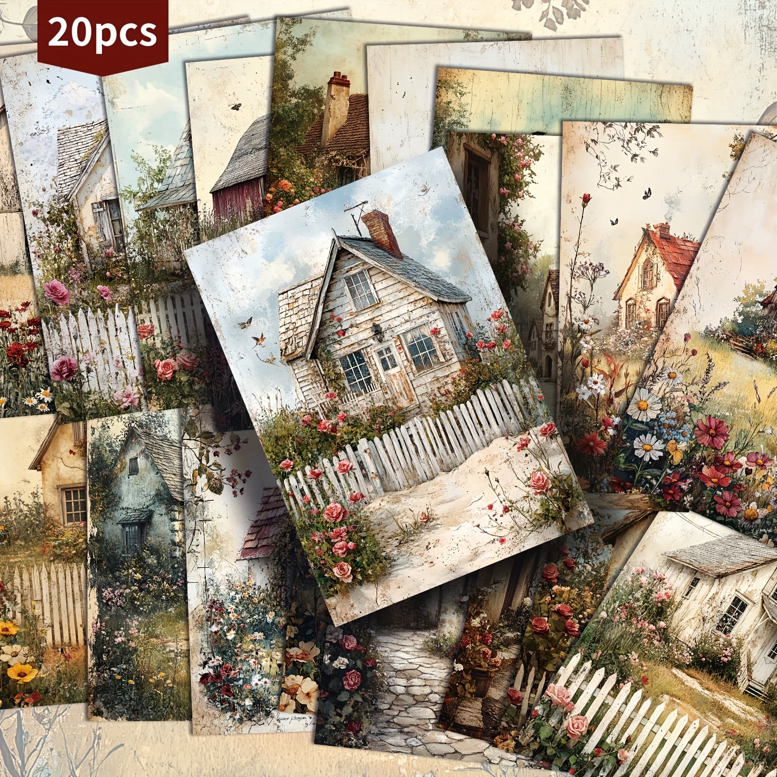 TEMU 20-pack Vintage Dilapidated Cottage Paper Postcards - 4x6 Inches House Junk Journal Paper, Classic Pinup Illustrations, Collectible Decorative Painting Cards For Scrapbooking & Crafting
