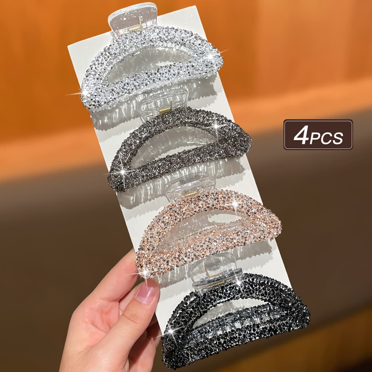 TEMU 4pcs Women's Fashionable High-end Sparkling Semi-circular Hair Claw Clips, Suitable For Daily And Party Use, Hair Accessories For Women, Gifts For Her