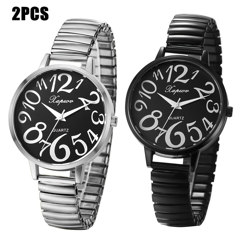 TEMU 2pcs/set Women Watches, Elegant Quartz Wristwatches, Exquisite Elastic Strap Watches, Black+silvery Clock, For Women, Birthday Gift.