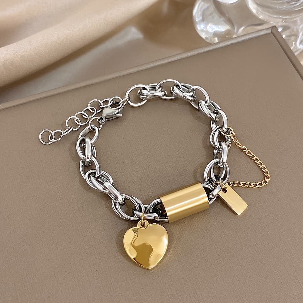 TEMU Punk Chunky Golden & Silvery 304 304 Stainless Steel Bracelets New Thick Chain Heart Love Pendant Wrist Jewelry