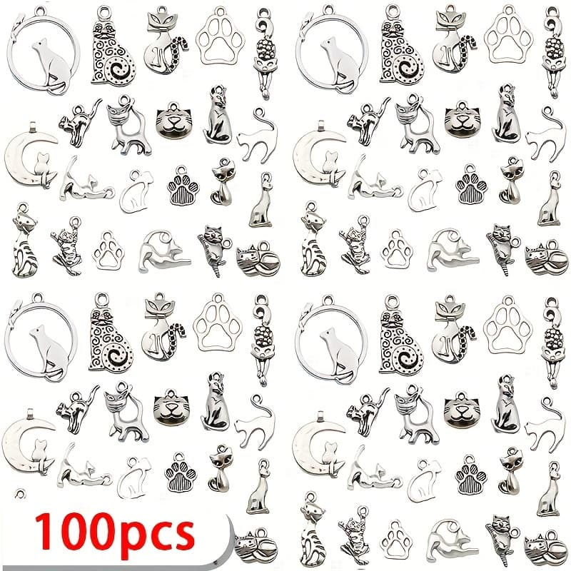 TEMU 50/100pcs Silvery Cat Charms, Alloy Animal Pendants For Jewelry Making, Necklace, Bracelet, Keychain Crafting Additions - No Plating