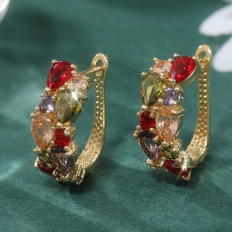 TEMU Elegant Earrings Made Of Copper With Multi-colored Zirconia , Designed In A Teardrop Shape, Perfect For Women's Fashion On Birthdays, Holidays, And Parties