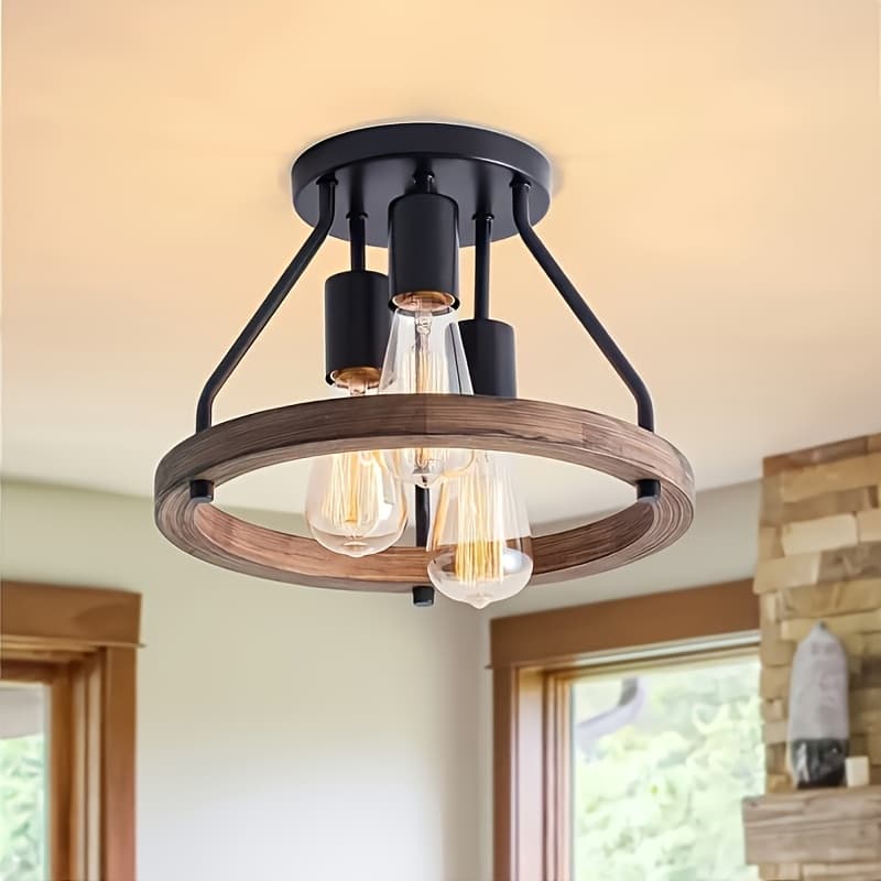 TEMU Contemporary Farmhouse Semi-flush Ceiling Lamp - 3-bulb Wooden And , Rustic For /entrances Suitable For Kitchen, Bedroom, Dining Area, Laundry Room (bulb Not Included)