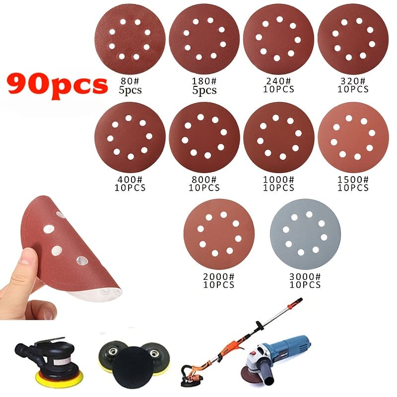 TEMU A Set Of 90 Round Sandpaper Pieces Measuring 5 Inches (125 Mm), Featuring 8 Holes And Including 80, 180, 240, 320, 400, 800, 1000, 1500, 2000