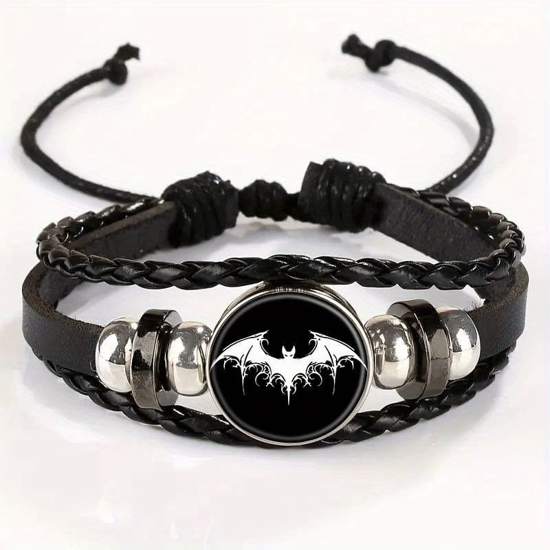TEMU Adjustable Vintage Bracelet With Gothic Bat Charm Necklace Pendant - Stylish Black Leather Wrist Strap For Casual Attire Gift , For Teenager