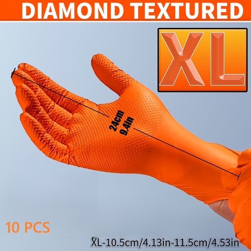 TEMU 8g Disposable Orange Diamond-pattern Nitrile Gloves, 8 Mil Thick, Raised Diamond Texture, Powder-free And -free, Suitable For Automotive, Outdoor, Kitchen, And Household Cleaning Use