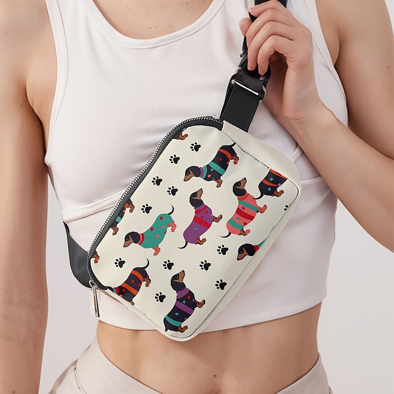 TEMU Dachshund Print Adjustable Fanny Pack - Lightweight Durable Crossbody Waist Bag With Zipper Closure, Multi-functional Storage For Travel Hiking Gym Outdoor Activities, Unisex Chest Pack For
