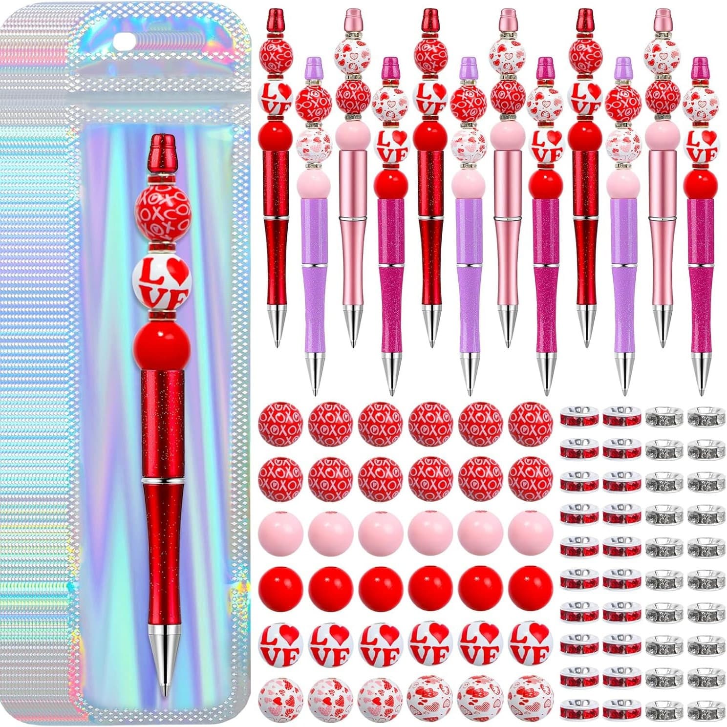 TEMU 100 Ballpoint Pen Set, Including 12 Ballpoint Pens, 76 Beads, And 12 Packaging Bags, Diy Pen Making Kit Plastic Bead Ballpoint Pens, Used For School Office Supplies, Holiday Gifts